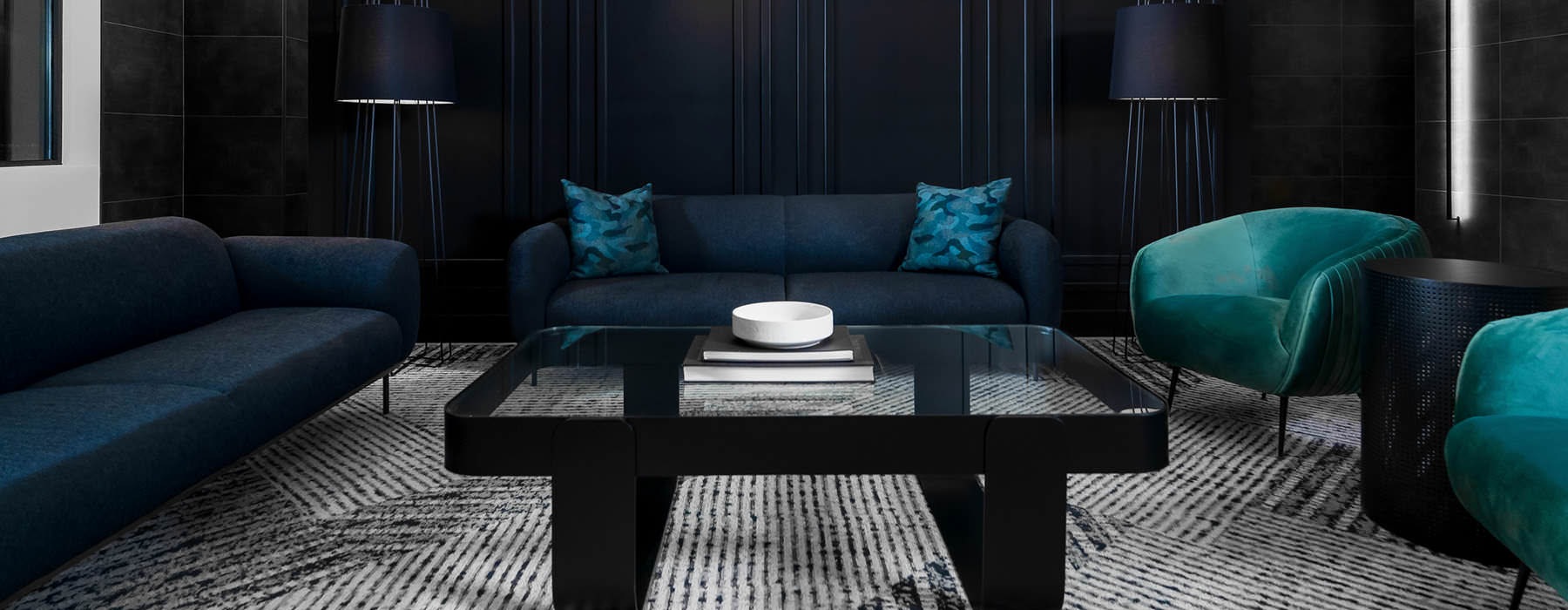 stylized lighting in dark accented lounge